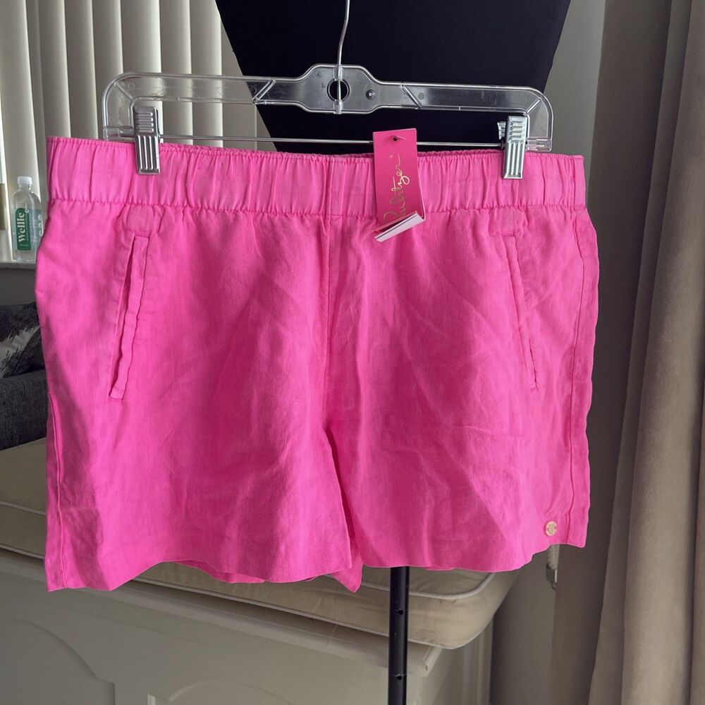 NWT Lilly Pulitzer ROXIE PINK LILO LINEN SHORTS Mid-Rise Pull-On L - Picture 2 of 8